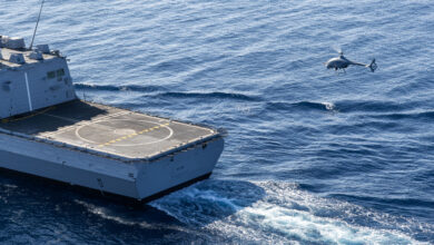 VSR700 helicopter drone hovering above French Navy's “Provence” Aquitaine-class multi-mission frigate