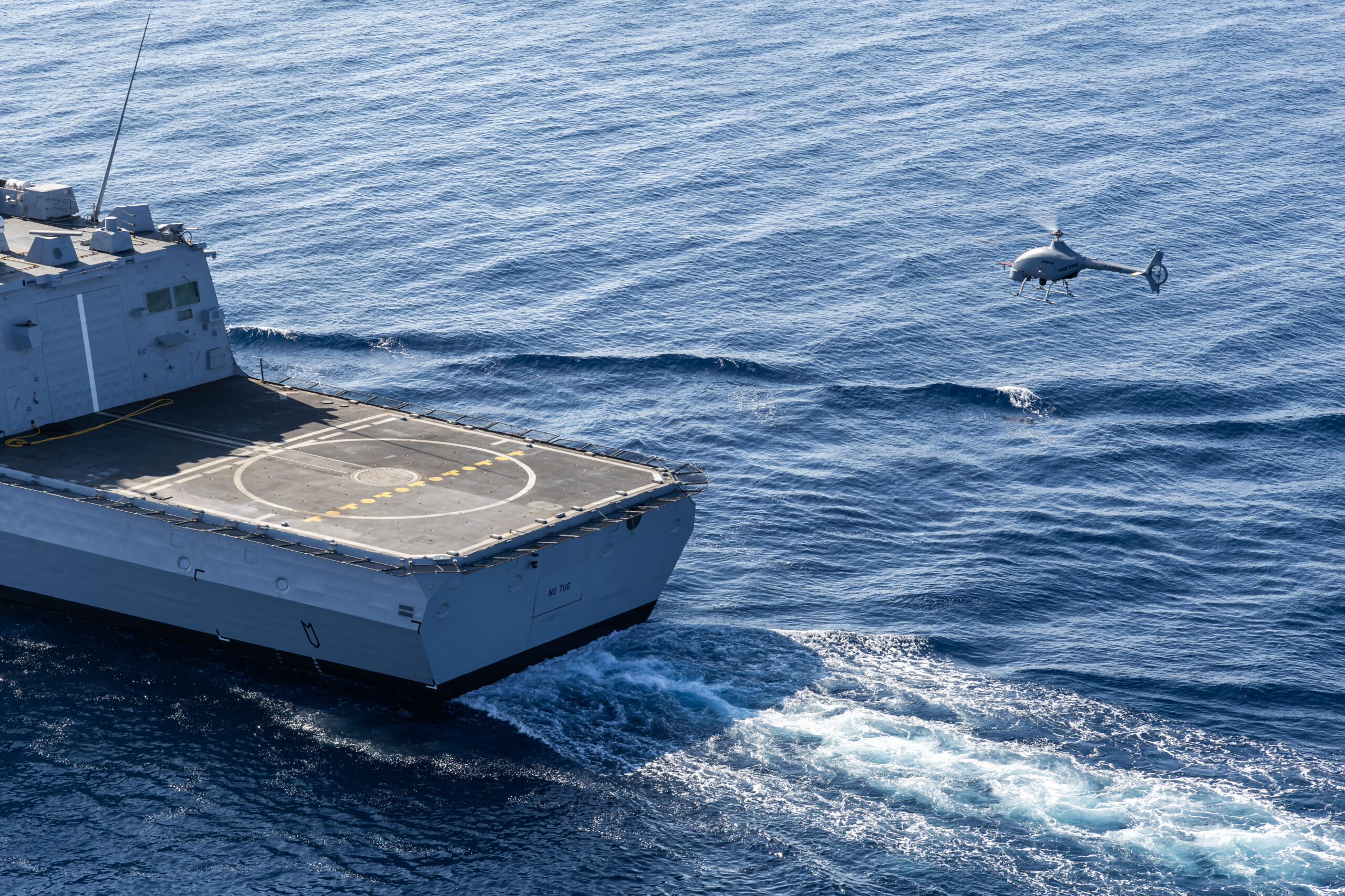 VSR700 helicopter drone hovering above French Navy's “Provence” Aquitaine-class multi-mission frigate