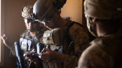 US Marine Corps soldier uses a Radio Agile Integrated Device to control a Mission Master unmanned ground vehicle during Exercise Apollo Shield 2023