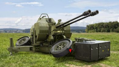 A Rheinmetall twin 35mm anti-aircraft gun is seen stationed in a green, grassy field. The equipment is painted green, and two long gun barrels are sticking out from the equipment's body. Its front and back both have one wheel on it, which rests at a 45 degree angle. The background is a blue sky with a few light clouds.