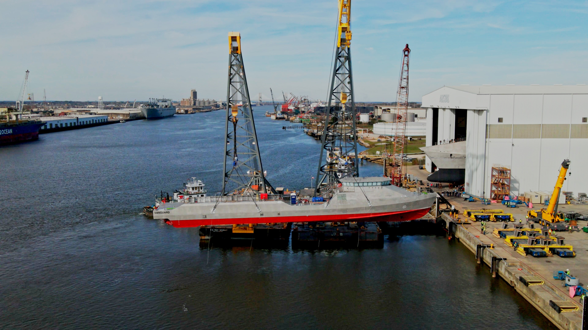 MOBILE, Ala. - 231213-N-N2201-001 MOBILE, Ala. -- The U.S. Navy’s newest Overlord Unmanned Surface Vessel Vanguard (OUSV3), launched from Austal USA’s shipyard in Mobile, Ala, Dec. 13, 2023. Vanguard is the first USV for the Navy purpose-built for autonomous operations from the keel-up. (Photo courtesy of Austal USA / RELEASED)