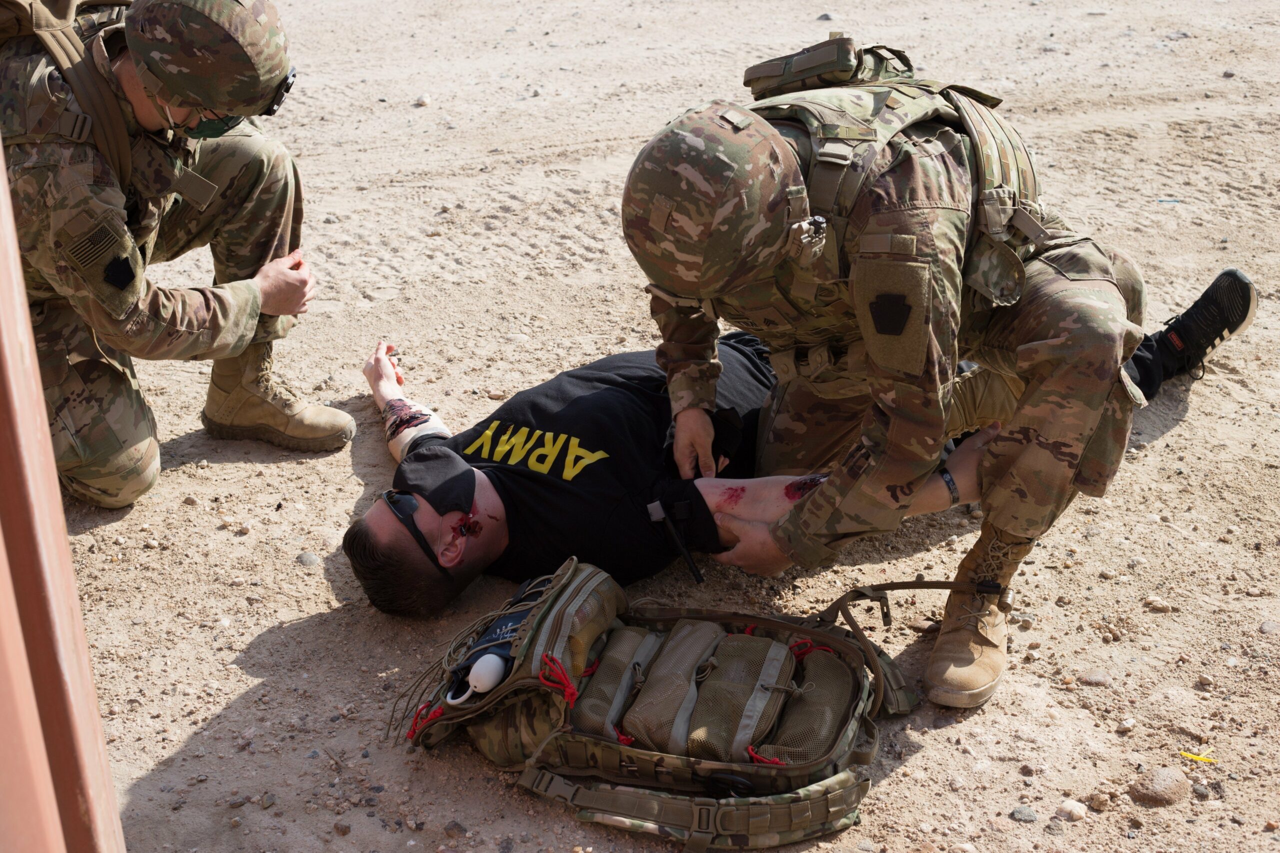 U.S. Soldiers with 2-104th General Support Aviation Battalion, 28th Expeditionary Combat Aviation Brigade perform medical training at an airfield in the 28th ECAB's area of operations in the Middle East. The training included trauma assessment, chest tube placement and team trauma scenarios. (U.S. Army photo by Sgt. Eric Smith)
