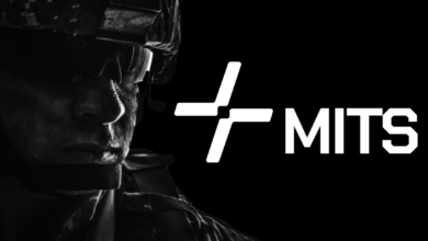 The white logo of the Military Innovation Technology Solutions (MITS) Program is seen in the center of the black and white image. The symbol is a stylized plus sign with its middle hollowed out, and the north and west-pointing arms split away from the east and south-pointing arms. "MITS" is written in all caps by the right of the logo. A closeup image of a uniformed, camouflaged soldier serves as the background on the left side of the image.