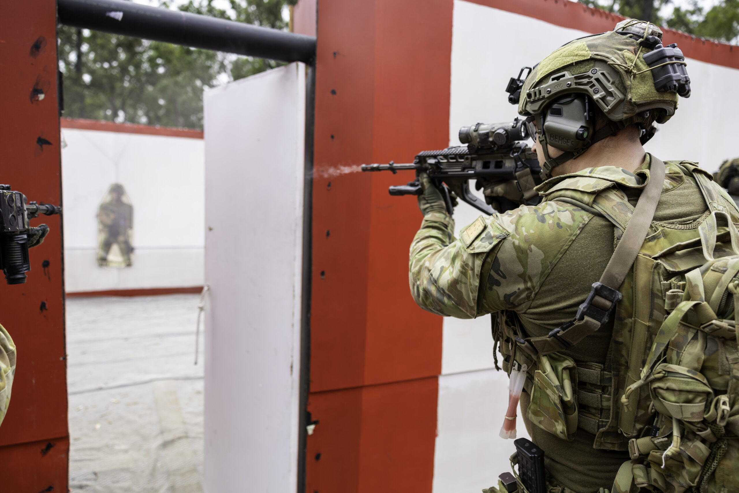 Australian Army soldiers form the 6th Battalion, The Royal Australian Regiment conduct urban live-fire training at Greenbank Training Area.
