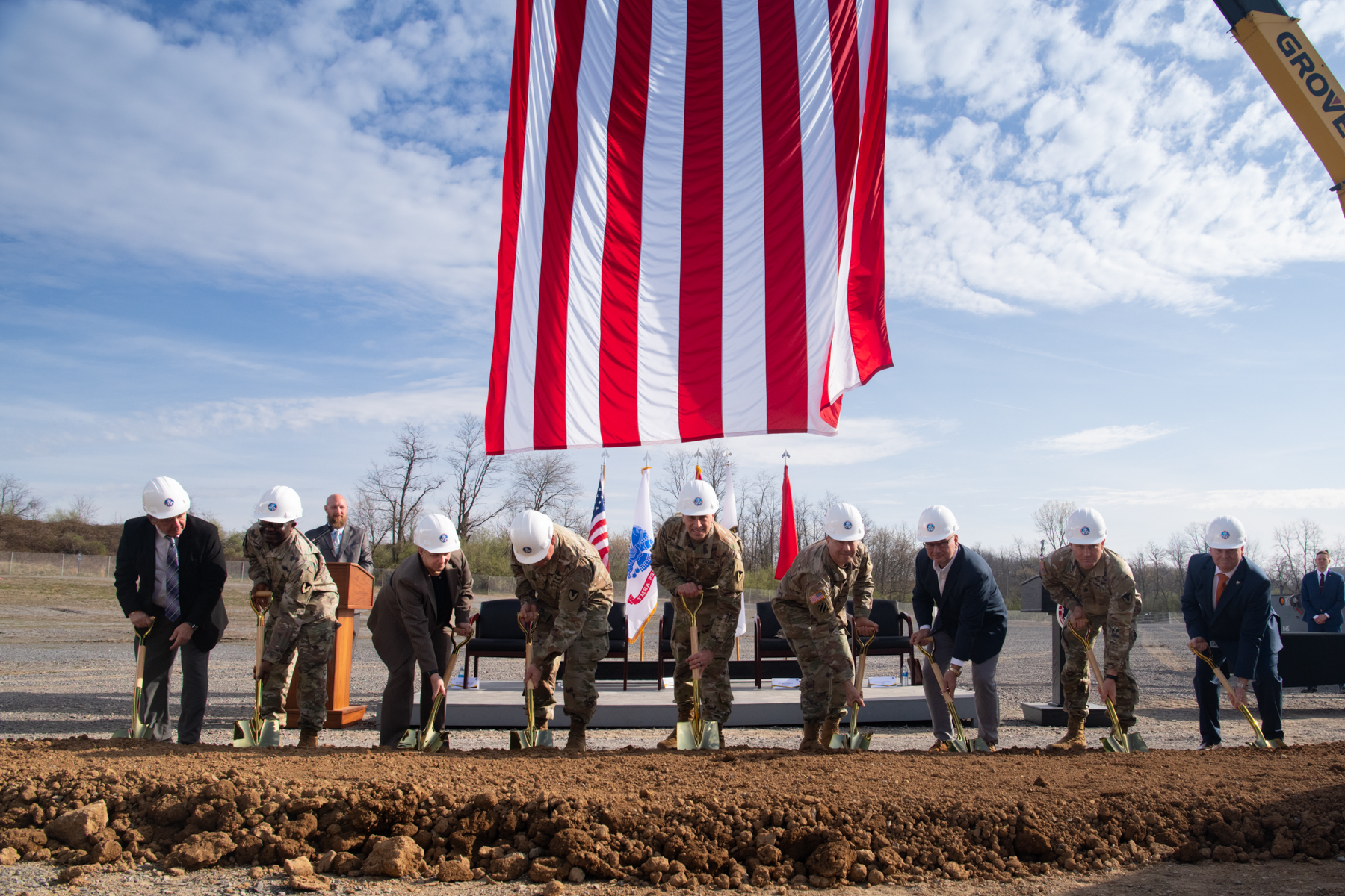 240409-A-FV109-1968 CHAMBERSBURG, Pa. Army Materiel Command, Aviation and Missile Command, U.S. Army Corps of Engineers and Letterkenny Army Depot leadership break ground on the depot’s new shipping and receiving facility April 9. The shipping and receiving facility marks the first breaking ground of AMC’s major modernization projects supporting the Army’s Organic Industrial Base. The event was commemorated by a golden shovel ceremony attended by Marion Whicker, executive deputy to the commanding general, AMC; Maj. Gen. Tom O’Connor, commanding general, AMCOM; Lt. Col. David Myers, deputy commander, Baltimore District, USACE; and hosted by Col. Donald Santillo, commander, LEAD. (U.S. Army photo by Dorie E. Heyer)