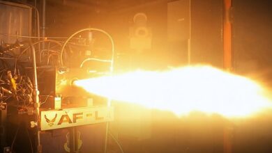 The Air Force Research Laboratory, or AFRL, Rocket Propulsion Division, recently designed, printed, built and hot fired a first-ever, single-block rocket-engine thrust chamber additively manufactured using a process called laser powder directed energy deposition, or DED. DED is an additive manufacturing process in which the device injects metal powder into focused beams of high-power laser in highly controlled atmospheric conditions. The Hotfire of the thrust chamber is shown in the Experimental Cell 1 (EC-1) at the AFRL Rocket Lab. (U.S. Air Force photo)