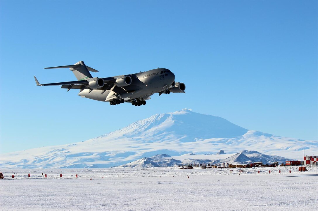 C-17 Globemaster III from Joint Base Lewis-McChord, Washington, prepares to land at Phoenix Airfield, Antarctica