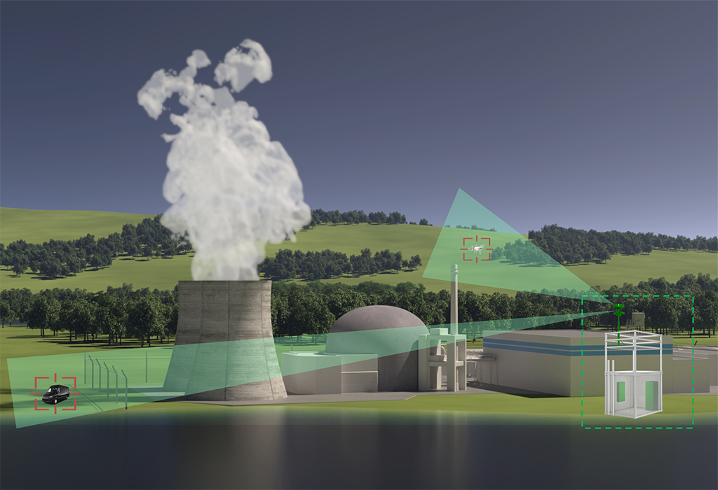 an artist's rendering of Hensoldt's counter-unmanned aircraft system. The diagram-like visual shows the system targetting a land and air target visible in a wide, forested landscape with buildings in front.
