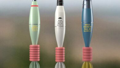 A graphic of Rheinmetall's 120mm, 81mm, and 60mm mortar rounds. The rounds are posed standing up. The 120mm round is painted green, the 81mm round is painted white, and the 60mm round is painted blue.