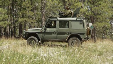 A Canadian G-Wagon from the King's Own Calgary Regiment, assumes a firing position as a convoy is stopped at the counter improvised explosive device training course on West Camp Rapid, as part of the Golden Coyote exercise, Rapid City, S.D., June 19, 2016. The Golden Coyote exercise is a three-phase, scenario-driven exercise conducted in the Black Hills of South Dakota and Wyoming, which enables commanders to focus on mission essential task requirements, warrior tasks and battle drills. (U.S. Army photo by Sgt. 1st Class Horace Murray/ Released)