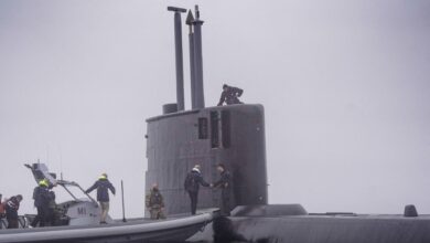 The submarine KNM Utvær outside the naval base in Horten, Norway