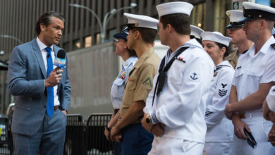 190526-N-AY174-1131 NEW YORK (May 26, 2019) Pete Hegseth, a contributor at Fox and Friends In The Morning television show, speaks with service members during Fleet Week New York (FWNY) 2019. Fleet Week New York, now in its 31st year, is the city's time-honored celebration of the sea services. It is an unparalleled opportunity for the citizens of New York and the surrounding tri-state area to meet Sailors, Marines and Coast Guardsmen, as well as witness firsthand the latest capabilities of today's maritime services. (U.S. Navy photo by Mass Communication Specialist Seaman Apprentice Brianna Thompson/Released)