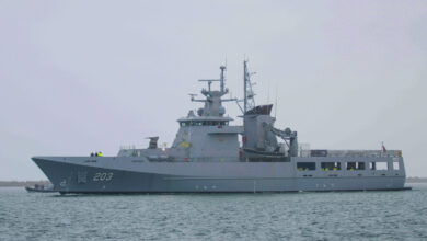 The first Arafura class Offshore Patrol Vessel, NUSHIP Arafura, conducting Sea Trials in August 2024 at the Osborne Naval Shipyard.
