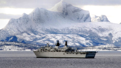 HMS Albion, a Landing Platform Dock (LPD), is shown operating near the coast of Norway as part of Exercise Hairspring in 2008.
