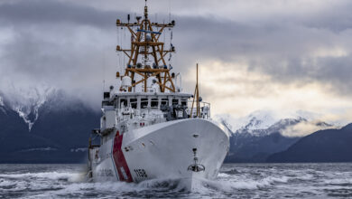 The crew of U.S. Coast Guard Cutter John Witherspoon (WPC 1158) transits in the vicinity of Juneau, Alaska, Jan. 23, 2025. The John Witherspoon is one of three Fast Response Cutters scheduled to commission in Alaska to support missions in search and rescue, living marine resources, and maritime law enforcement. (U.S. Coast Guard photo by Petty Officer 1st Class Logan Hoover)