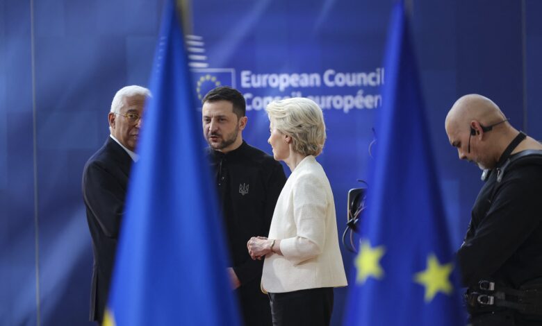 President of Ukraine Volodymyr Zelensky alongside European Commission President Ursula von der Leyen and the President of the European Council Antonio Costa