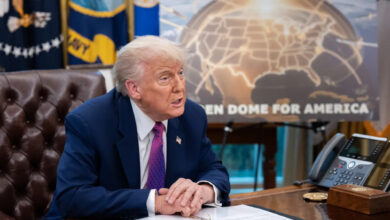 US President Donald Trump presenting the government's 'Golden Dome' missile defense plan at the Oval Office