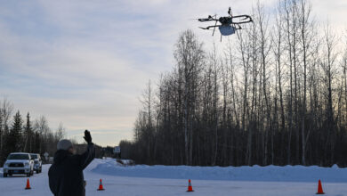 Special Operations Forces Arctic Medic (SOFAM) participants pilot a supply drone during a simulated casualty near Fort Wainwright, Alaska, Feb. 20, 2025. SOFAM 2025 hosted more than 100 participants from SOF and Allied and Interagency partners to improve tactical and prolonged combat casualty care in austere conditions. (U.S. Coast Guard photo by Petty Officer 2nd Class John Hightower)
