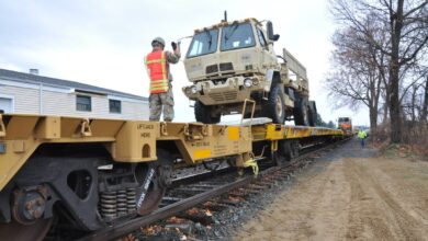 Members of the 1-102nd Infantry conduct rail head operations at Camp Hartell in Windsor Locks, CT