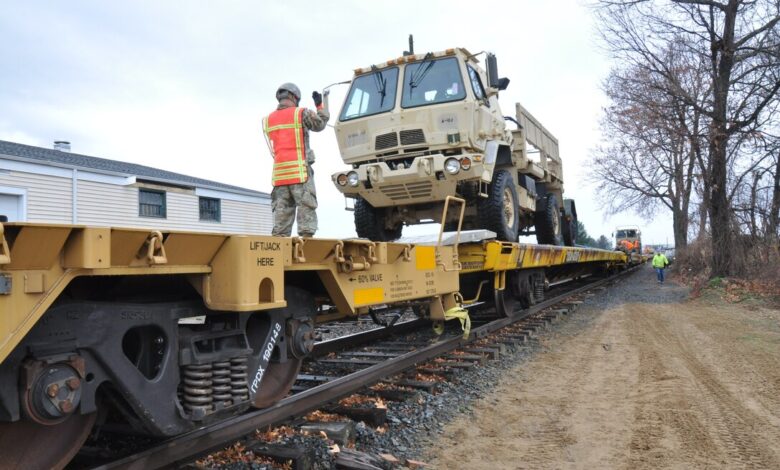 Members of the 1-102nd Infantry conduct rail head operations at Camp Hartell in Windsor Locks, CT