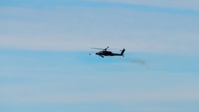 An AH-64Ev6 Apache from the 12th Combat Aviation Brigade fires the Spike NLOS missile in Ustka, Poland.