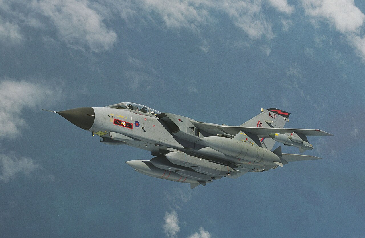 A Tornado GR4 aircraft with 617 Squadron based at RAF Lossiemouth is pictured fitted with the Storm Shadow cruise missile firectly under the fuselage