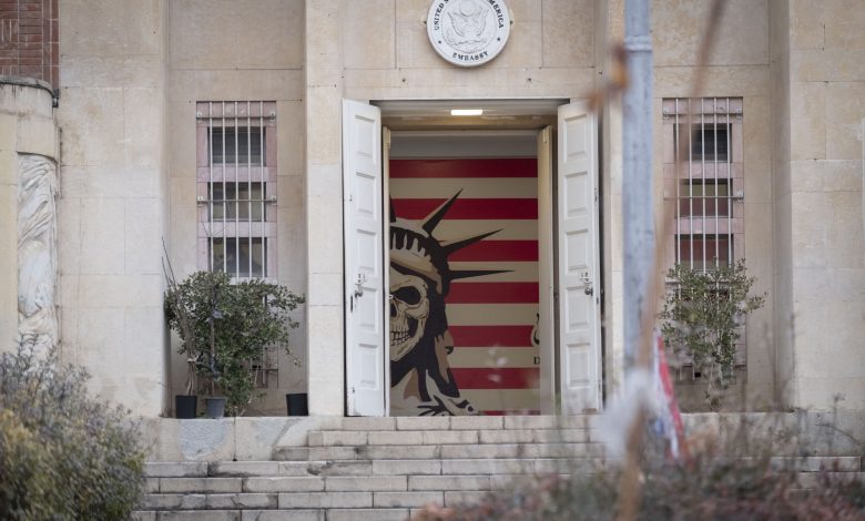 An anti-US mural pictured at the former US embassy in downtown Tehran, Iran