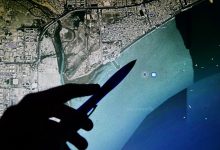 Satellite view of shipping traffic in and around the Strait of Hormuz
