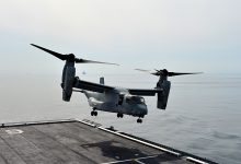 150326-N-ZZ999-001 WATERS TO THE SOUTH OF THE KOREAN PENINSULA, Republic of Korea (March 26, 2015) – An MV-22 Osprey, from Marine Medium Tiltrotor Squadron 262 (reinforced), 31st Marine Expeditionary Unit, demonstrates its vertical takeoff and landing (VSTOL) capabilities aboard the amphibious assault ship ROKS Dokdo (LPH 6111) during training to strengthen the interoperability between the Navy and Marine Corps of both the U.S. and Republic of Korea. The Marines of the 31st MEU are embarked aboard the forward-deployed amphibious assault ship USS Bonhomme Richard (LHD 6) and currently conducting a regularly-scheduled patrol of the Asia-Pacific region. (U.S. Navy photo courtesy of ROK Navy / Released)